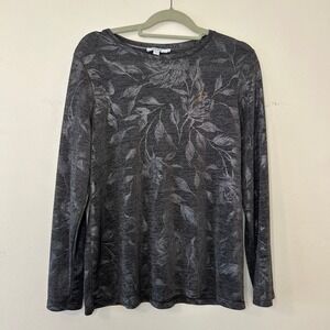 Chicos Long Sleeve Top Women L Dark Gray Metallic Floral Print Crew Neck